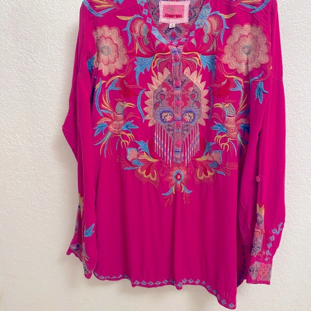 Johnny Was silk embroidered shirt